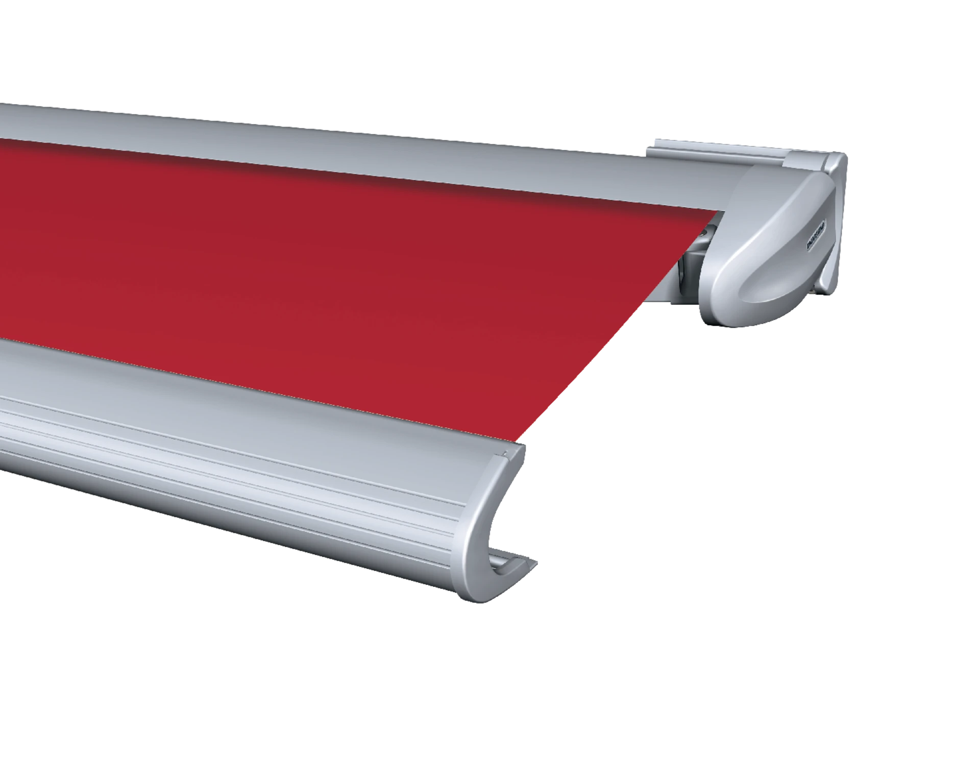 Markisenkassette mit rotem Tuch