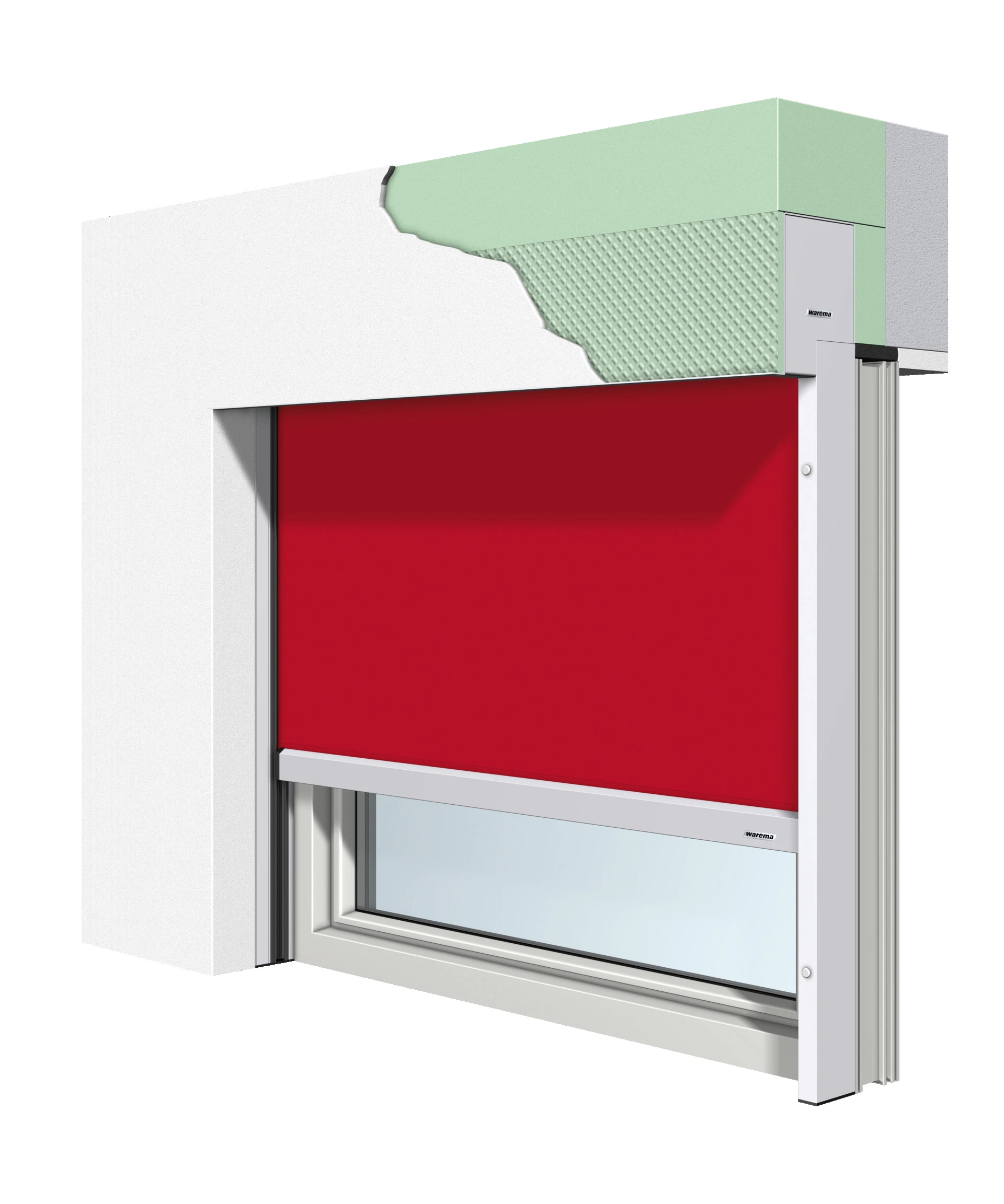 Detailansicht eines roten Rolladens mit verdecktem Kasten